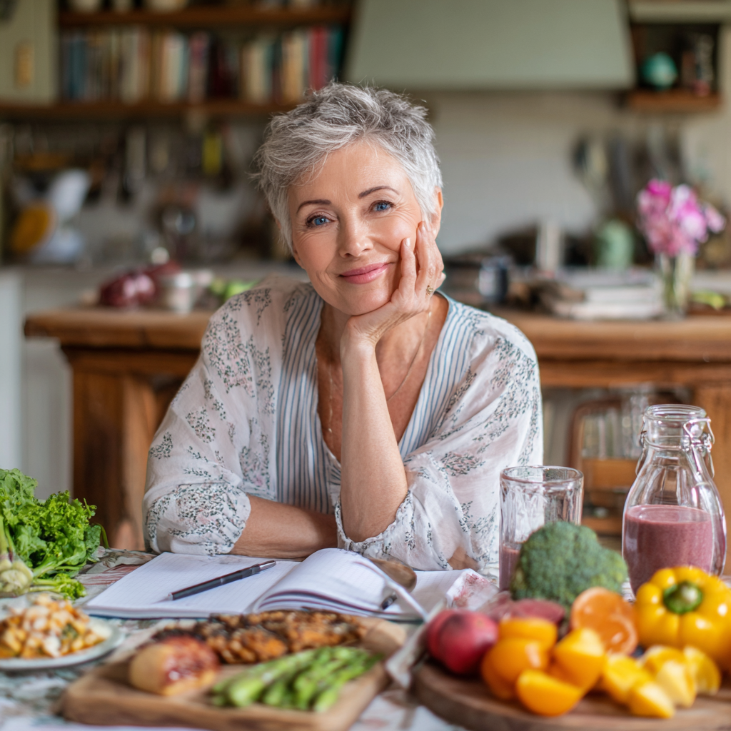 Жена на 52 години седи на масата с разнообразна здравословна храна, изглеждайки доволна от седмичния си план за хранене