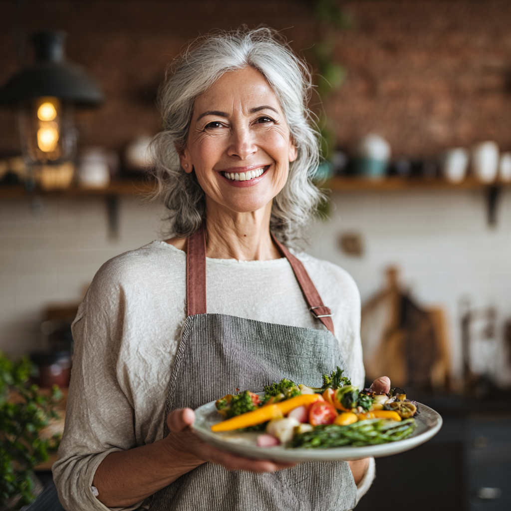 Жена на 55 години усмихната държи чиния със здравословна храна, показвайки резултатите от персонализираното планиране на хранене
