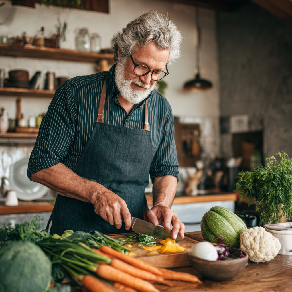Мъж на 58 години готви здравословна храна в кухнята следвайки персонализиран план за хранене от keldrimon